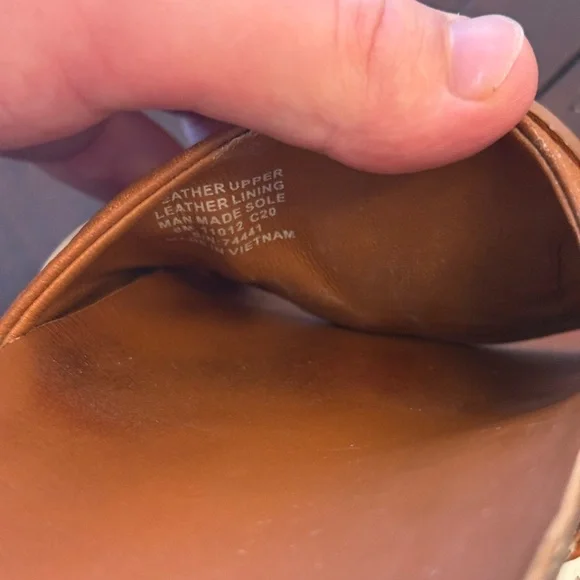 Tory Burch Tan Leather Slide Sandals with White Stripes - Picture 7 of 8